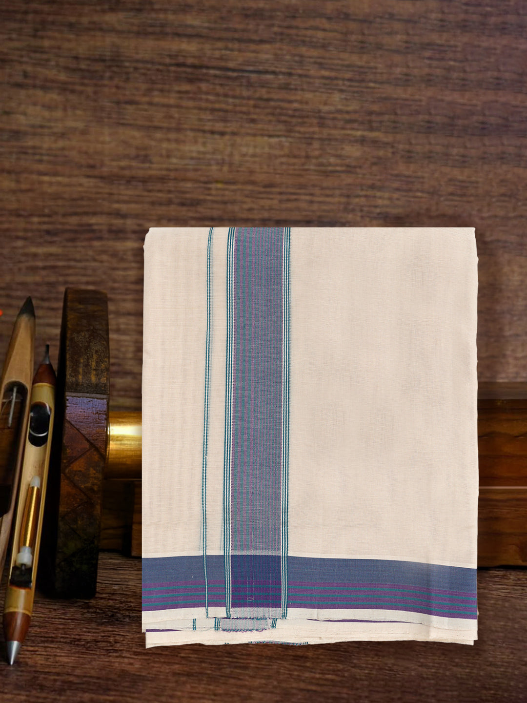 Men Premium Handloom Cream Dhoti with Fancy Border HLM94