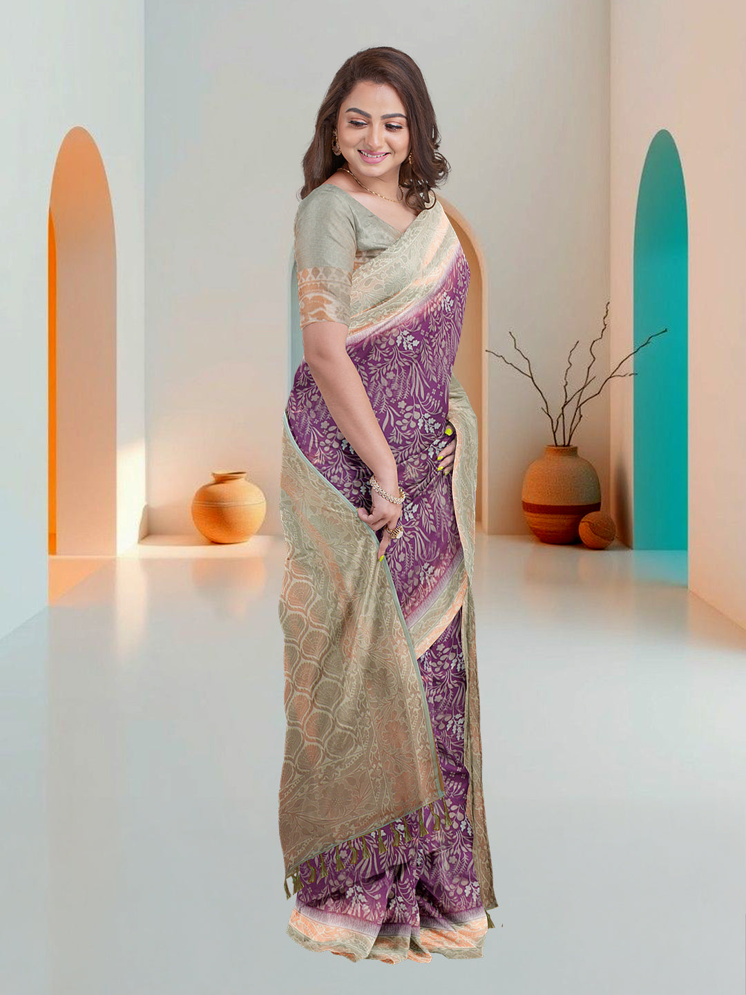 Women Violet Art Silk Printed Saree ASS59