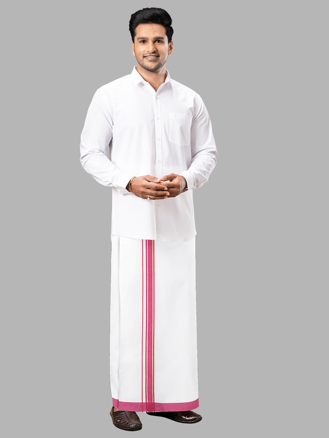 Men Pink Adjustable Pocket Dhoti with Fancy Border GACJ23