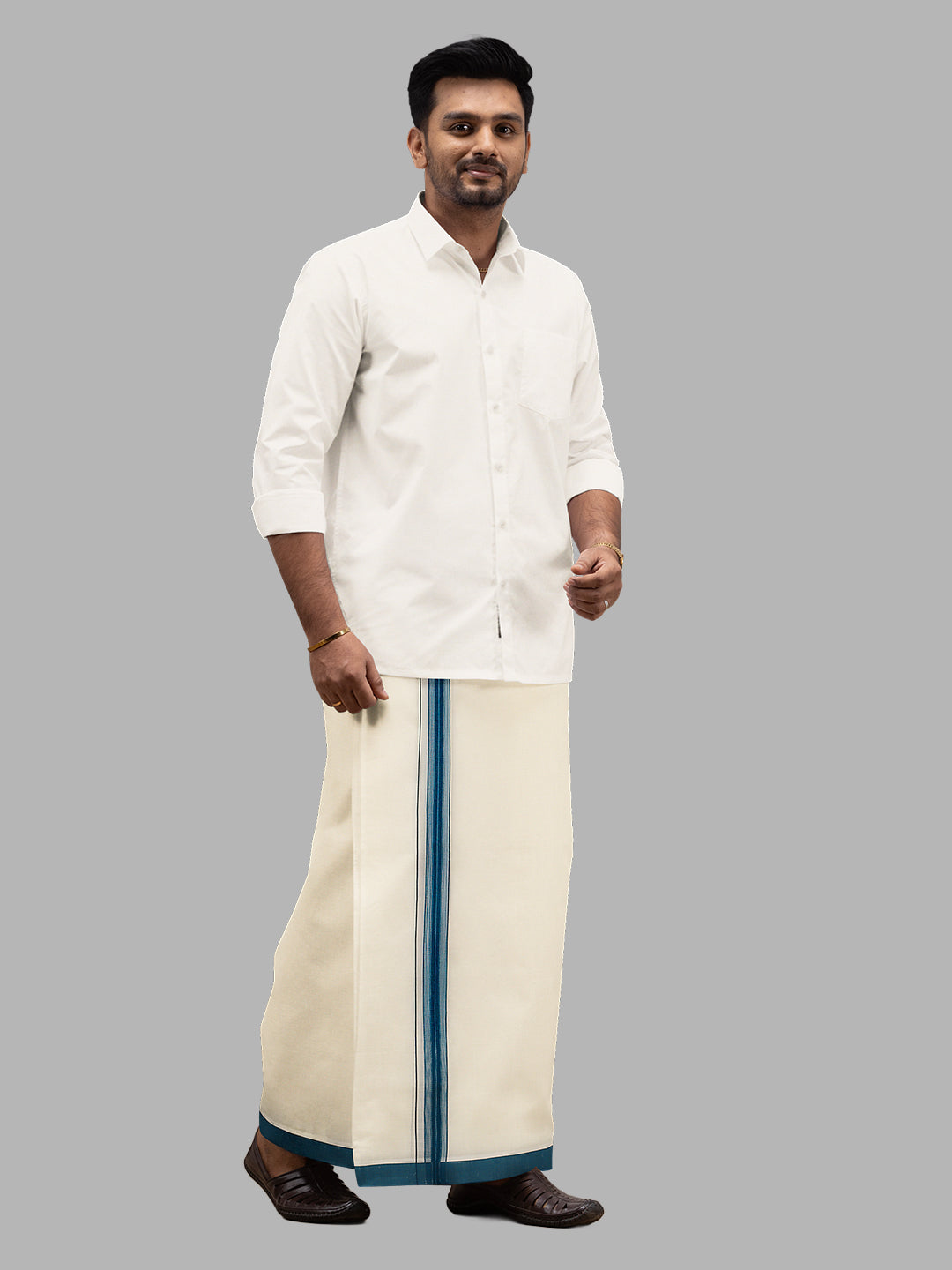 Men Blue Fancy Border Double Layer Kora Dhoti VKF05