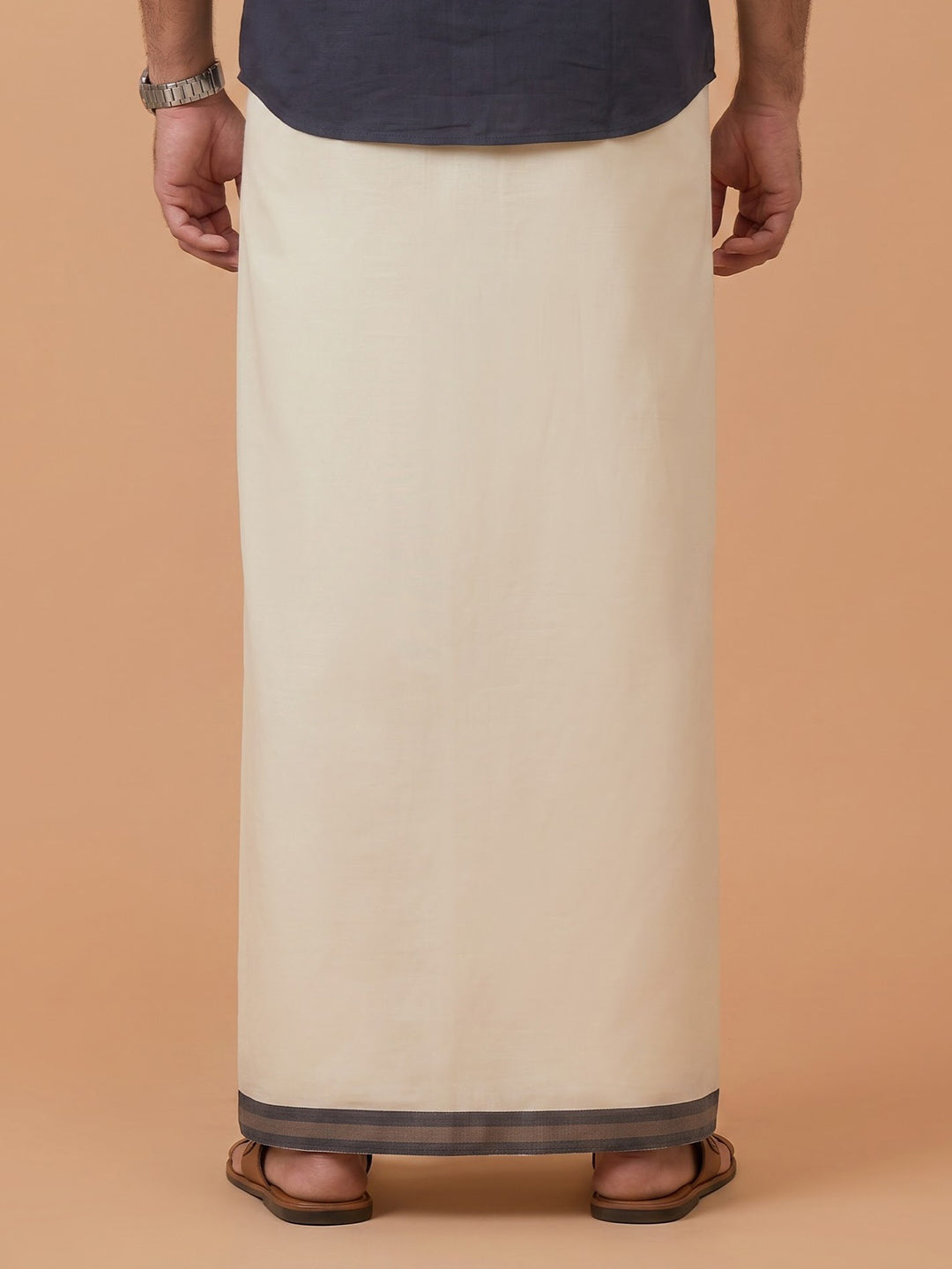Double Layer Premium Handloom Cream Dhoti with Colour Border - HLM121