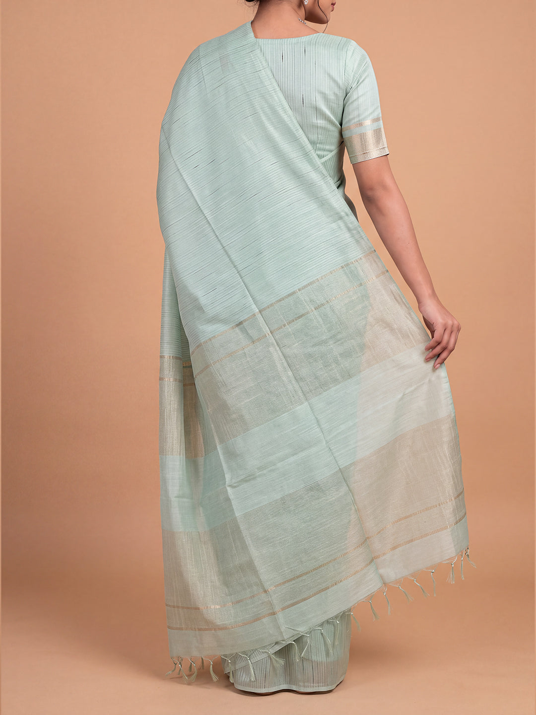 Women Semi Tussar Green Striped Saree ST364