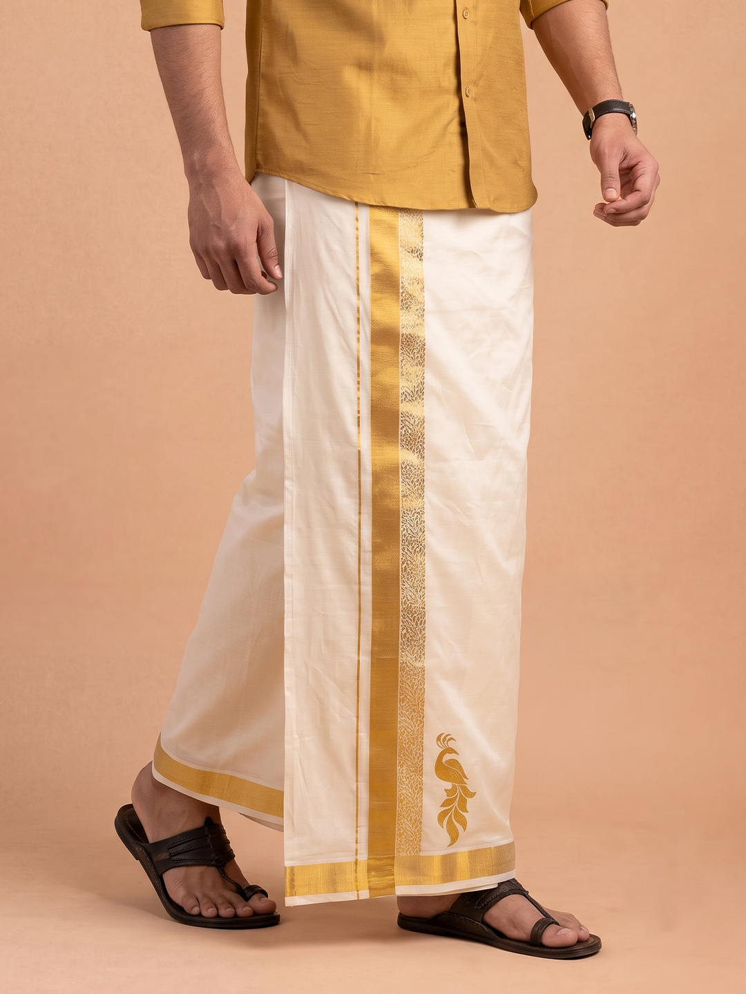 Double Layer Cotton Cream Kora Dhoti With Gold Jari Border - HF Gold HFG08