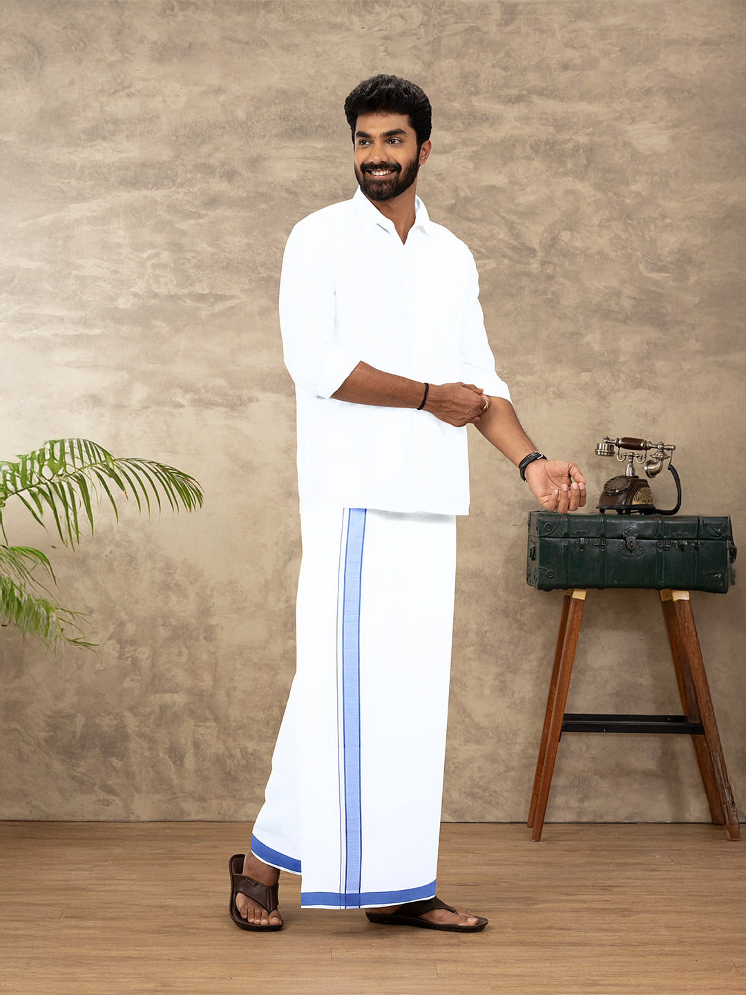 Men Cotton Blend Single Layer White Dhoti with Fancy Border PB4