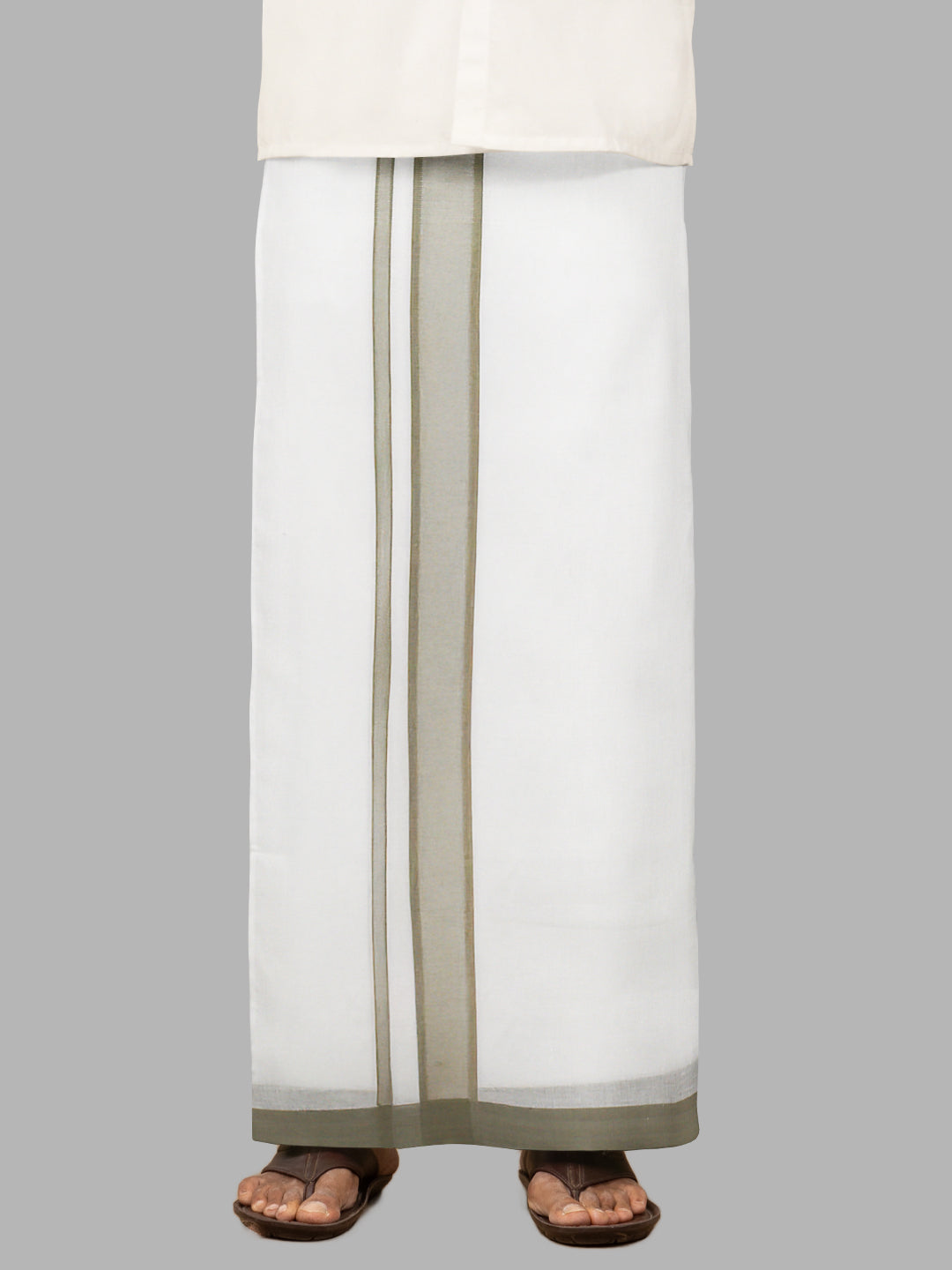 Men Green Fancy Border Double Layer White Dhoti RP4