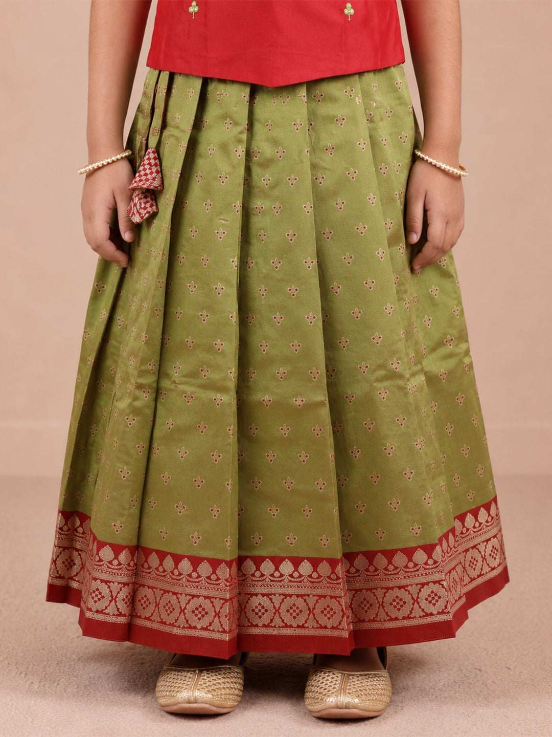 Girls Art Silk Maroon with Green Pattu Pavadai Set GPS65
