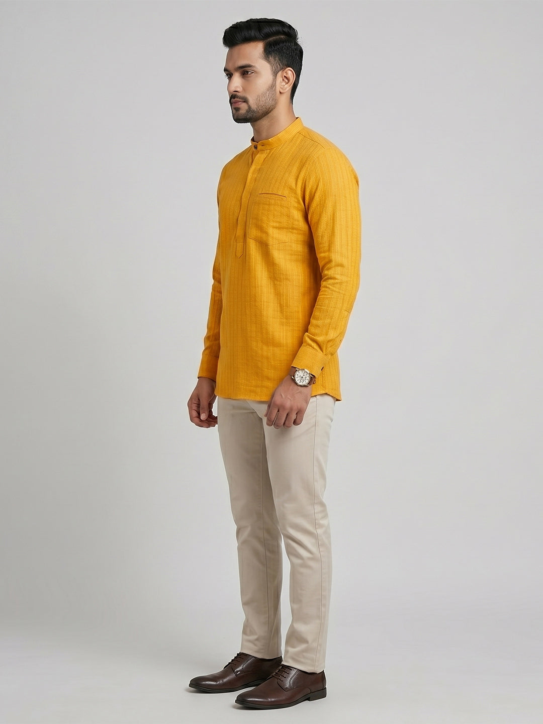Cotton Short Length Self Design with Stripes Pocket Kurta Orange Y27