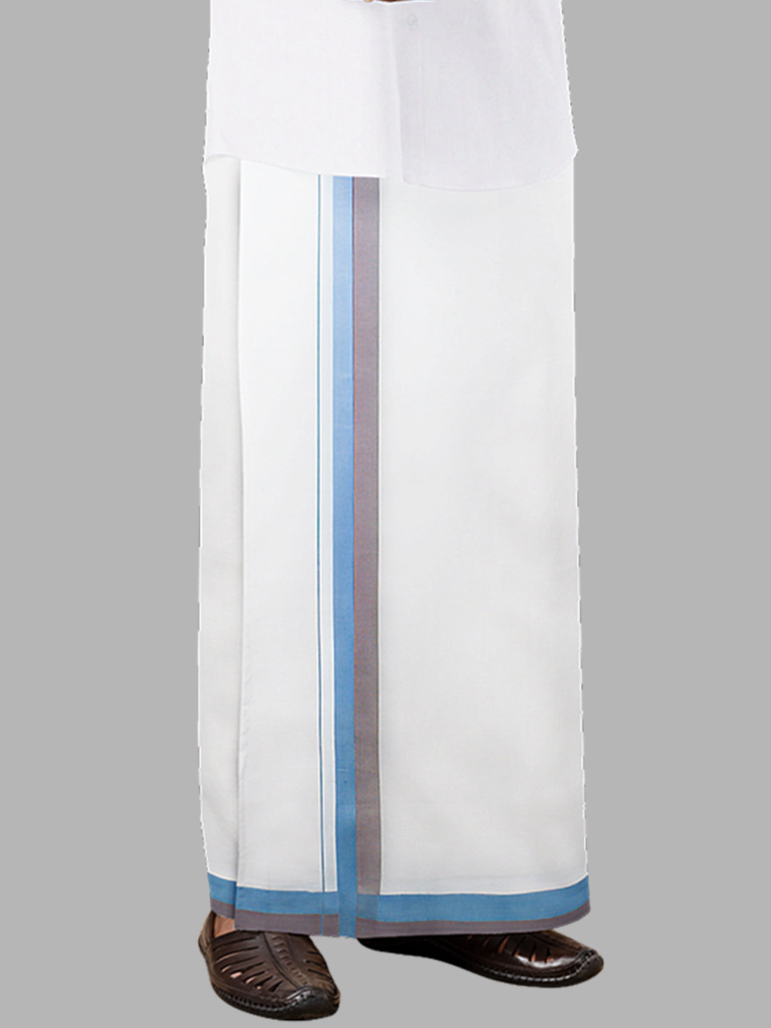 Men Blue Fancy Border Double Layer White Dhoti PMF2