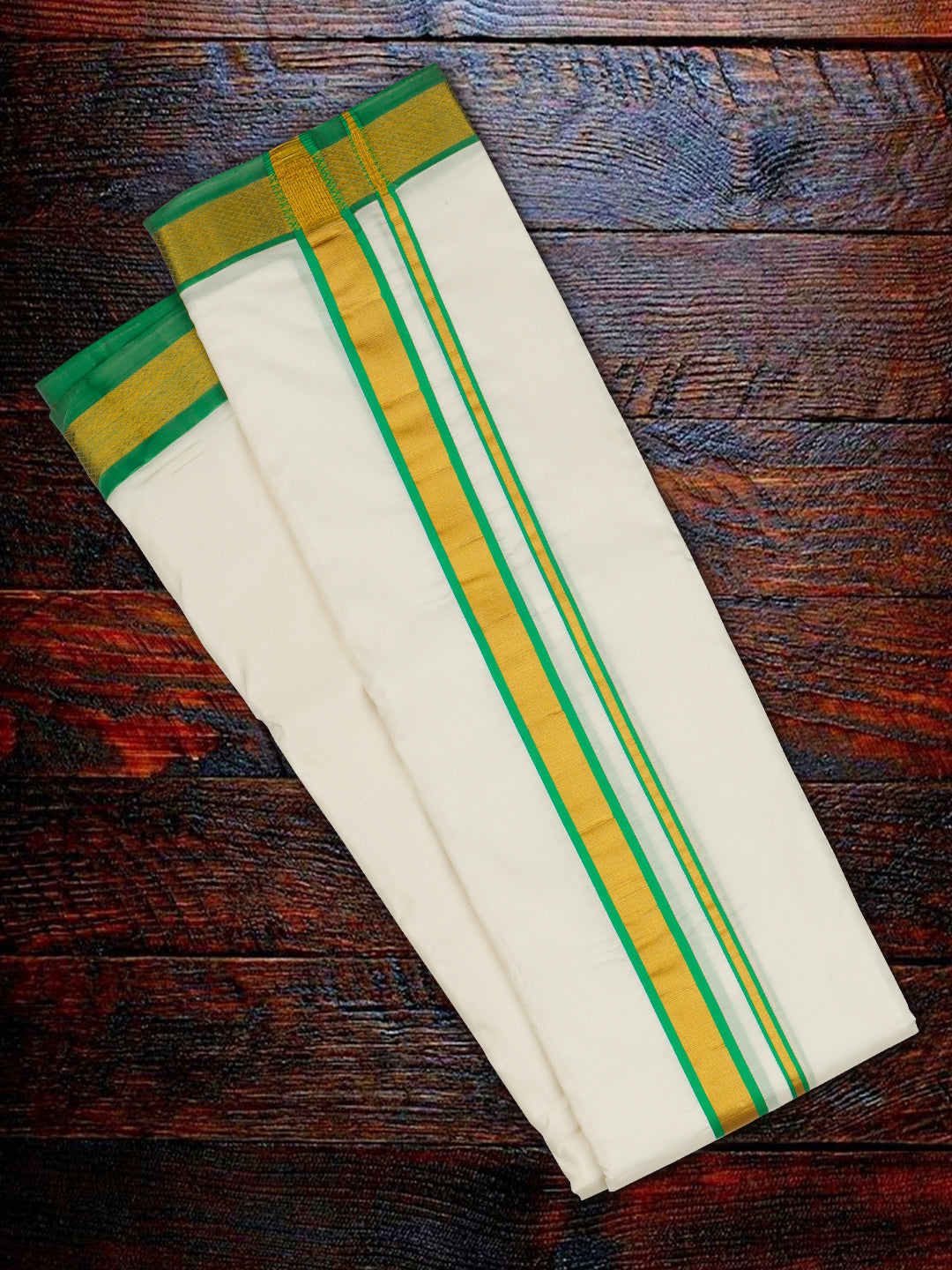 Premium Pure Silk Cream Dhoti with 1" Gold Jari Mixing Green Color Fancy Border "Upasana"