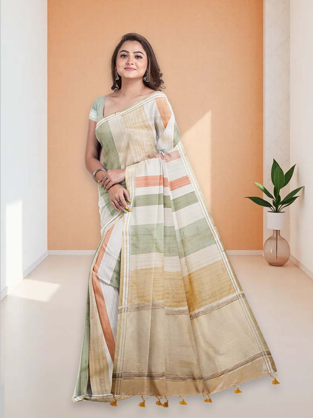 Women Golden Semi Tussar Saree ST301