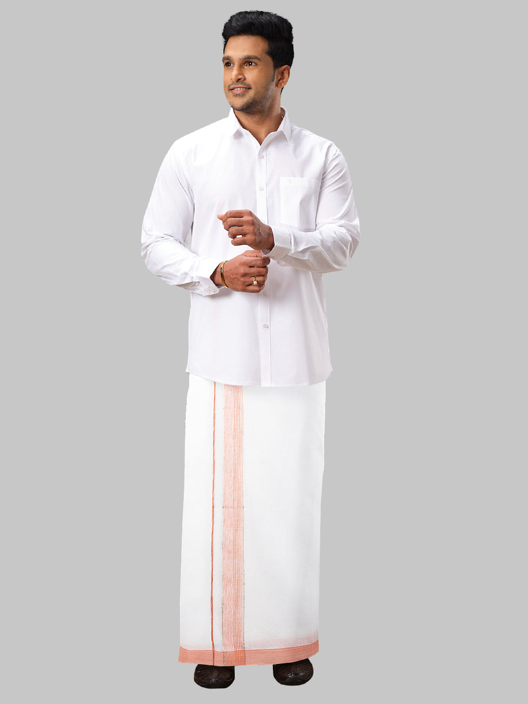 Mens Orange Fancy Jari Border Double Dhoti RSF01