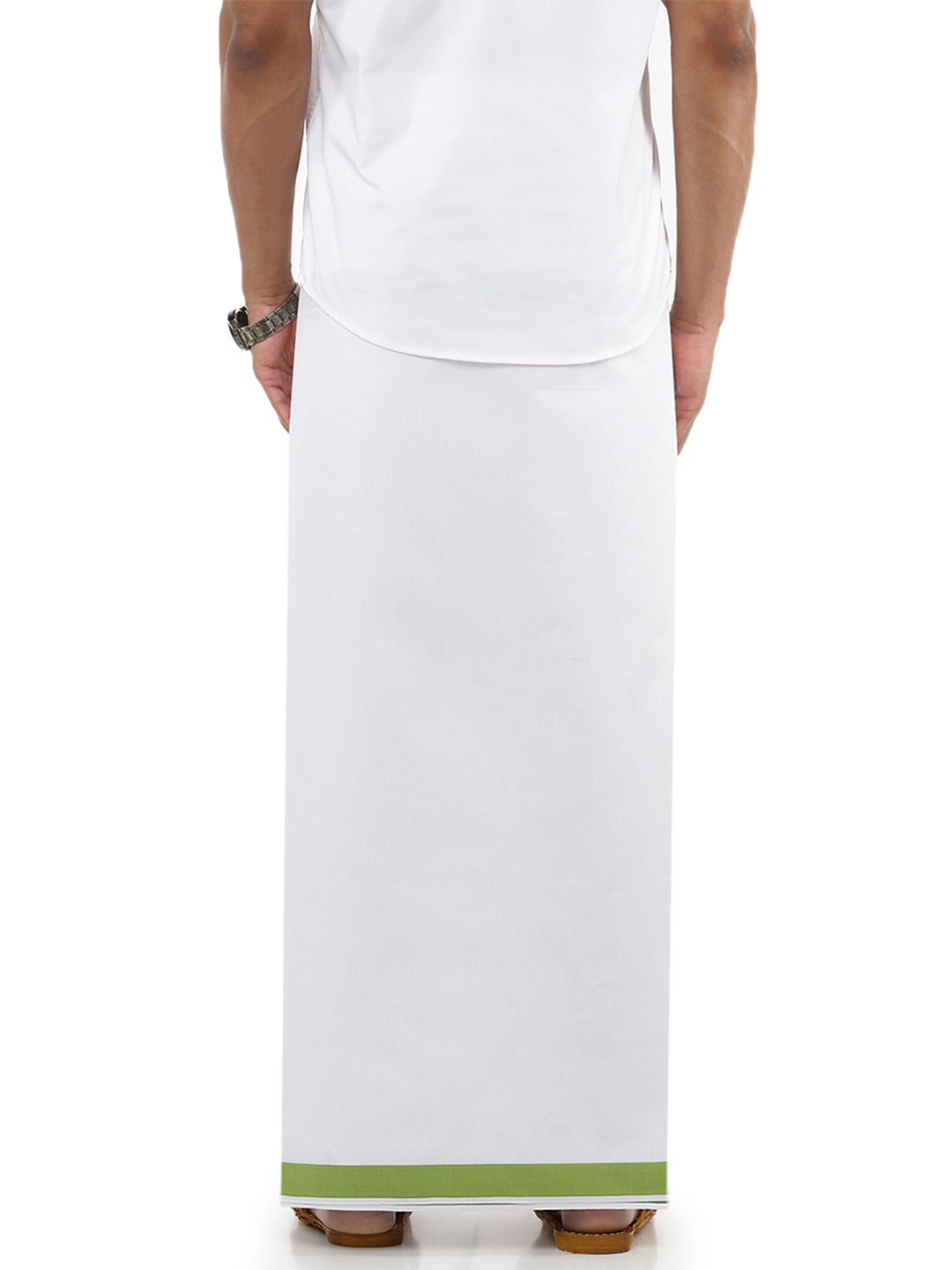 Mens Double Dhoti White with Fancy Border Anchor Special Chutney Green-Back view