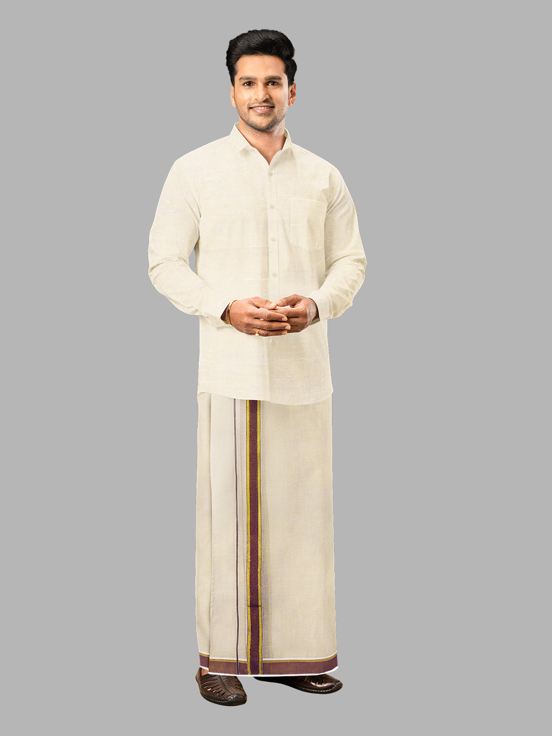 Men Tissue Single Layer Gold Dhoti with Fancy Jari Border