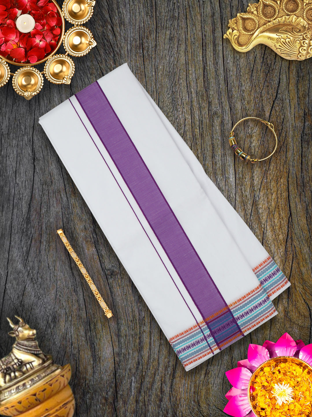 Mens White Panchakacham with Angavasthram Purple Fancy Border Srirasthu (9+5)