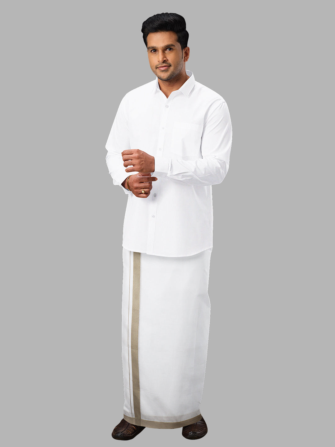 Men Sandal Fancy Border Double Layer White Dhoti SSS02