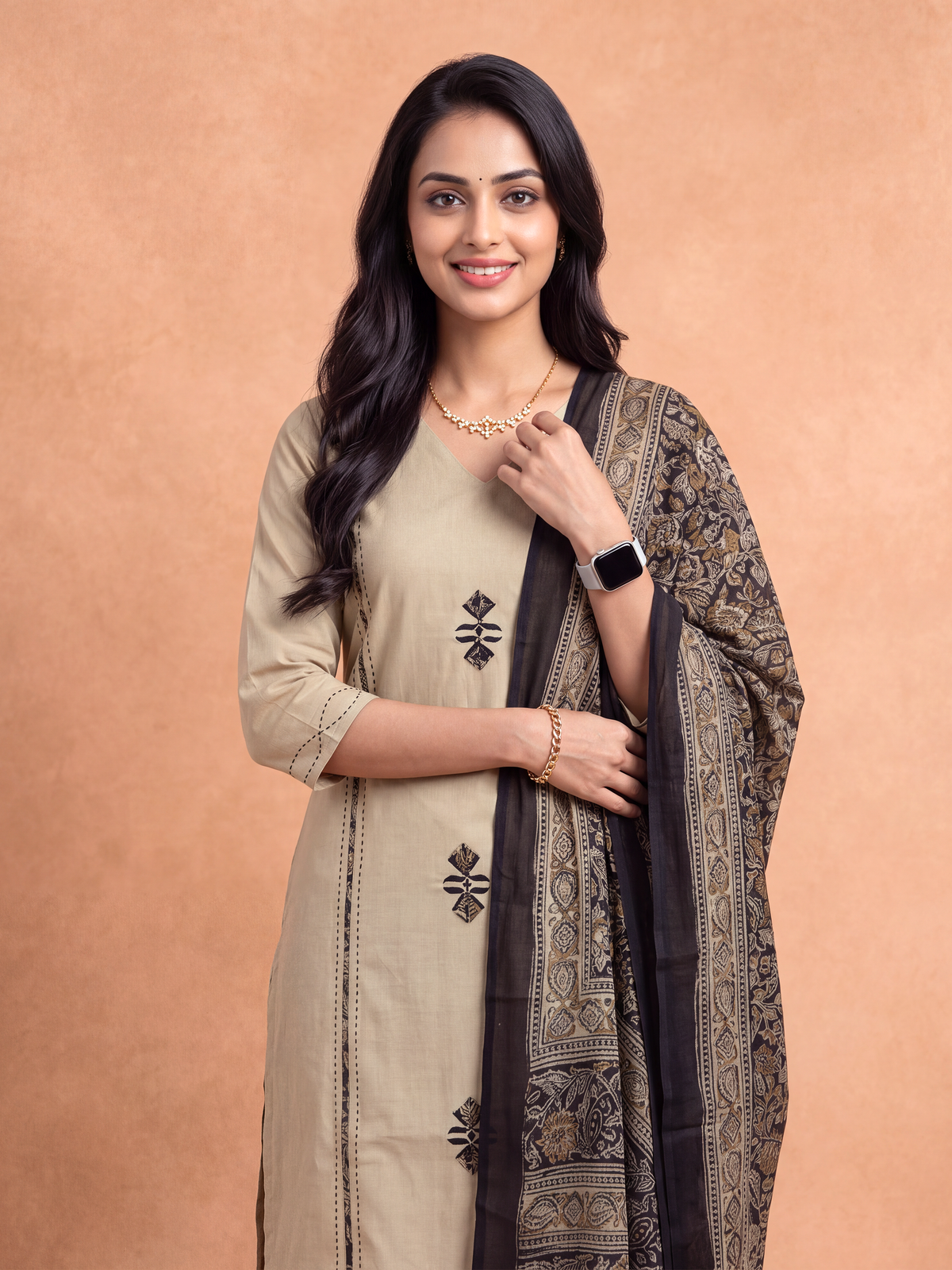 Women Floral Printed Beige Kurti Set EKS157