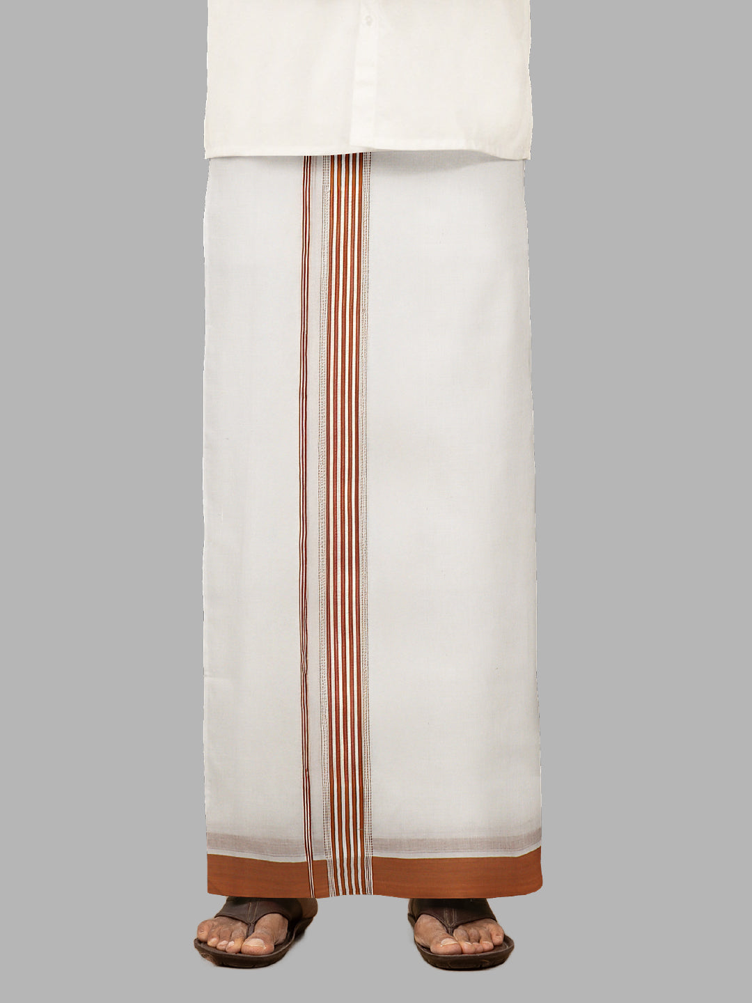 Men Brown Fancy Border Double Layer White Dhoti RF01