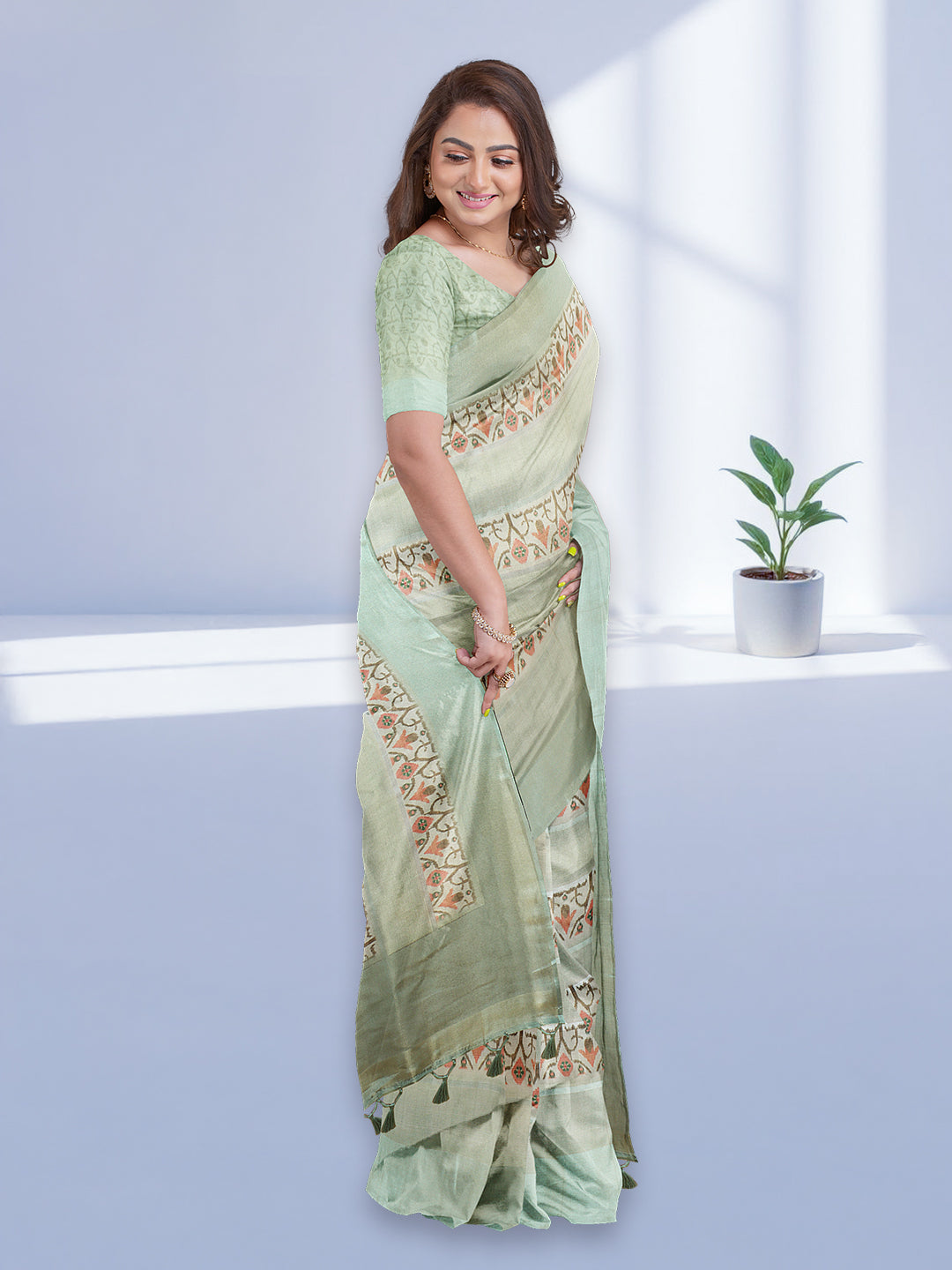 Women Pista Green Semi Tussar Printed Saree ST281