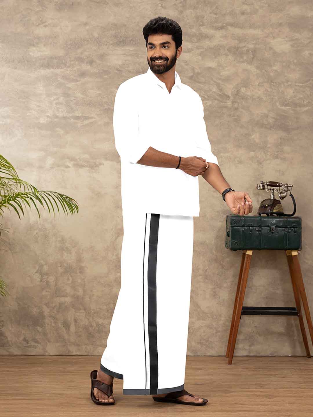 Men Cotton Blend Double Layer White Dhoti with Fancy Border TS01