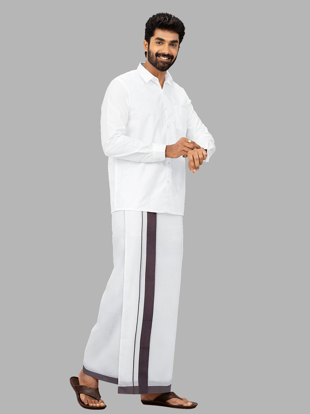 Men Violet Fancy Border Double Layer White Dhoti SSS01