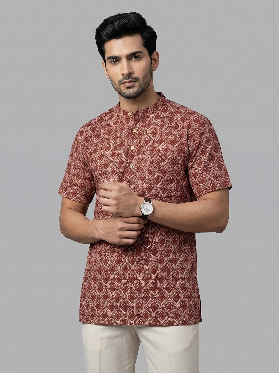 Men Cotton Short Length Printed Pocket Kurta Red OG21