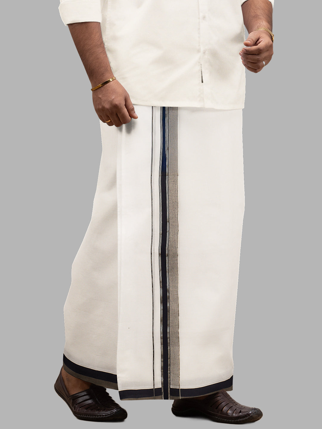 Men Navy Fancy Jari Border Double Layer White Dhoti PJF2