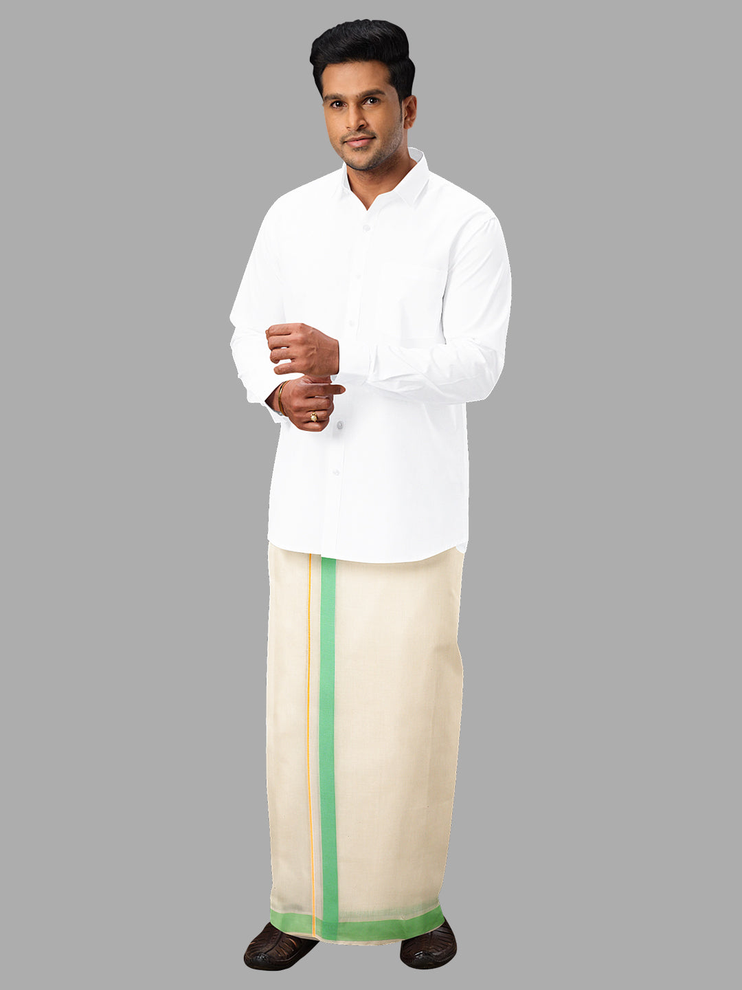 Men Green Fancy Jari Border Double Layer Dhoti Lark SPL LS07