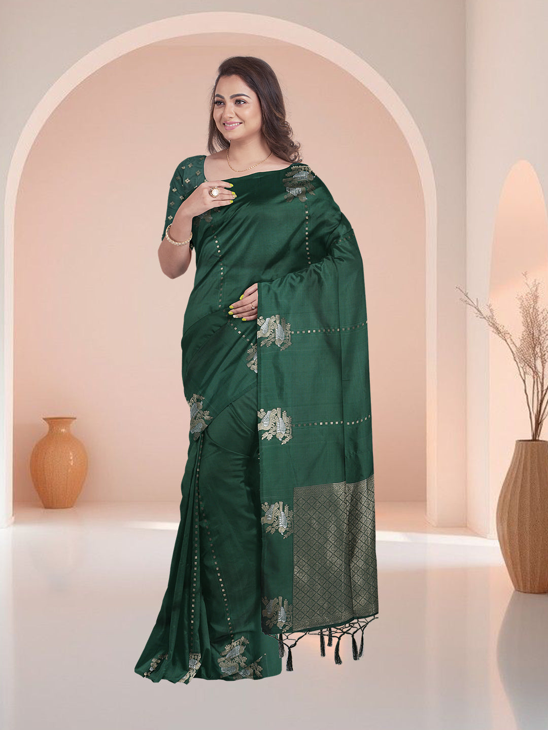 Women Dark Green Semi Silk Saree SS360