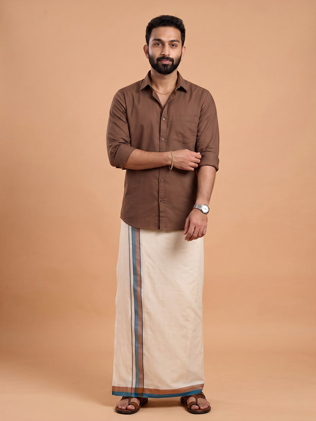 Double Layer Giza Cotton Cream Kora Dhoti with Colour Border - PKF01