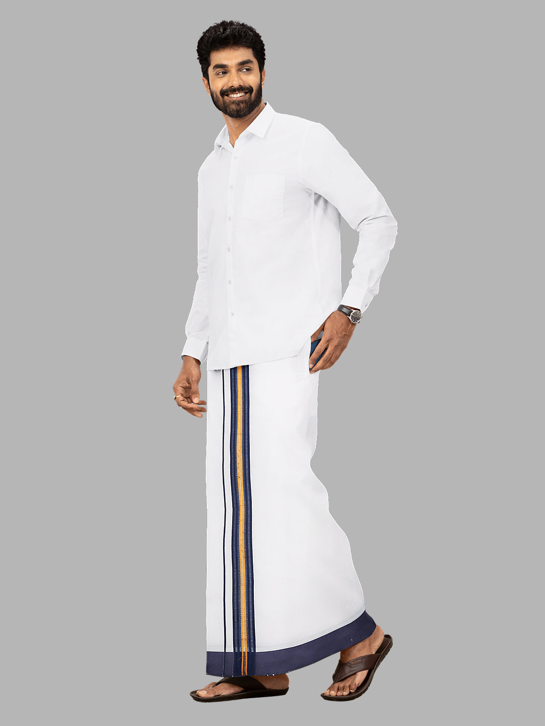 Men Navy Fancy Jari Border Single Layer Adjustable Pocket Dhoti GACJ34