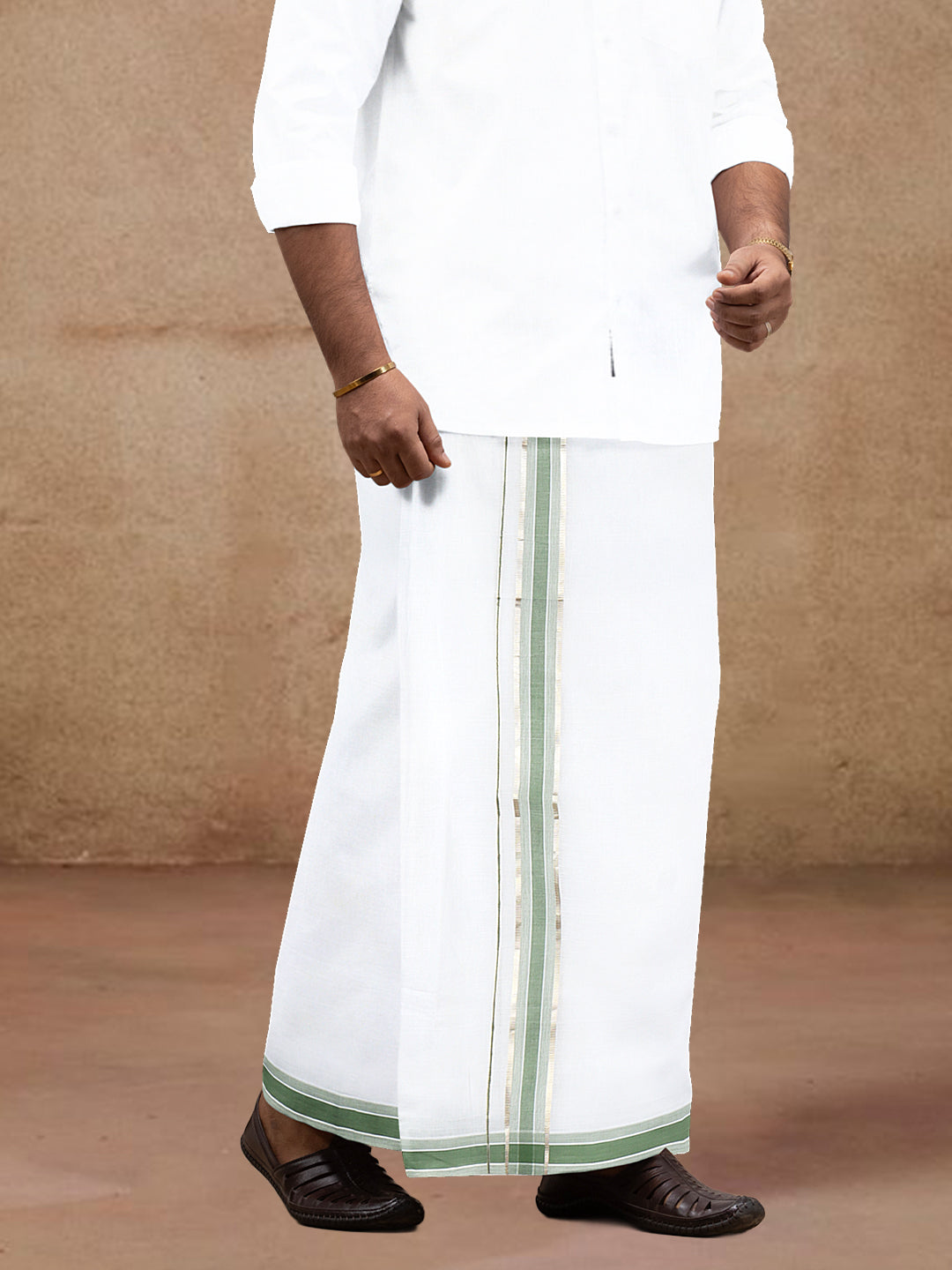 Men 100% Cotton Double Layer White Dhoti with Fancy Jari Border BJ01