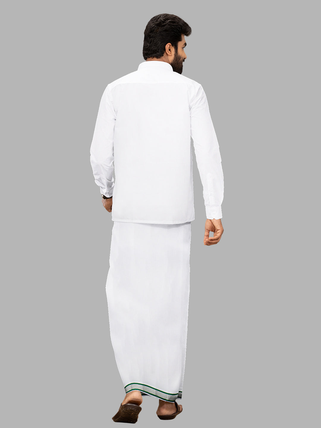 Men Green Fancy Jari Border Single Layer White Dhoti LW01