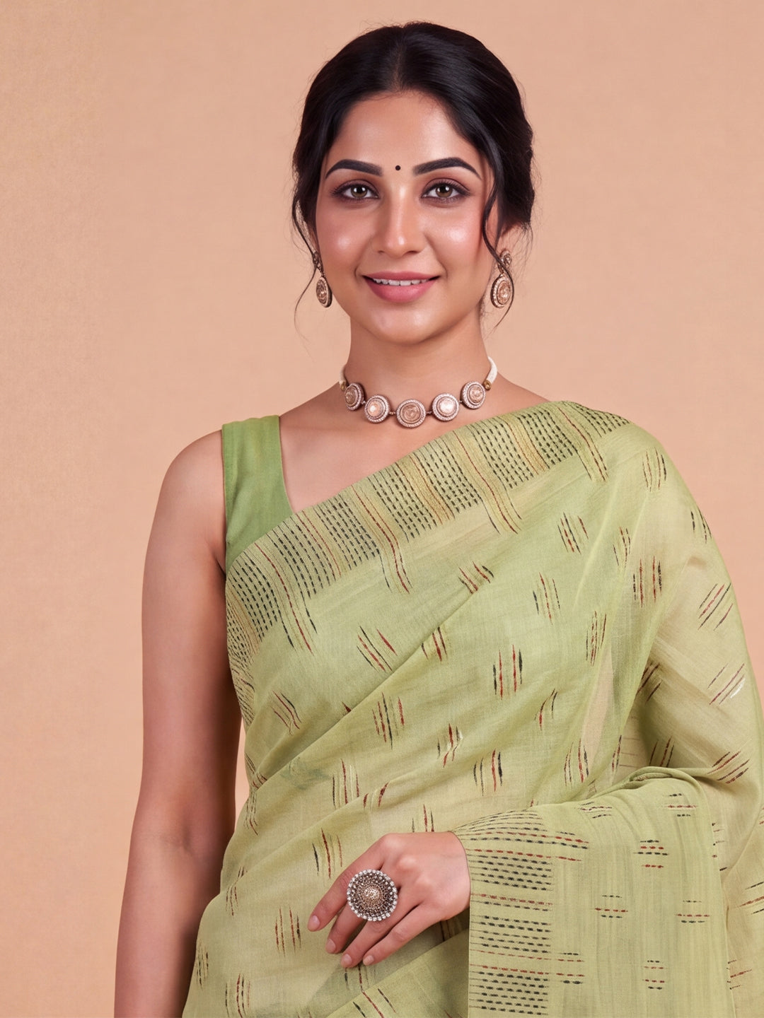 Women Kora Cotton Green Printed Saree KC04