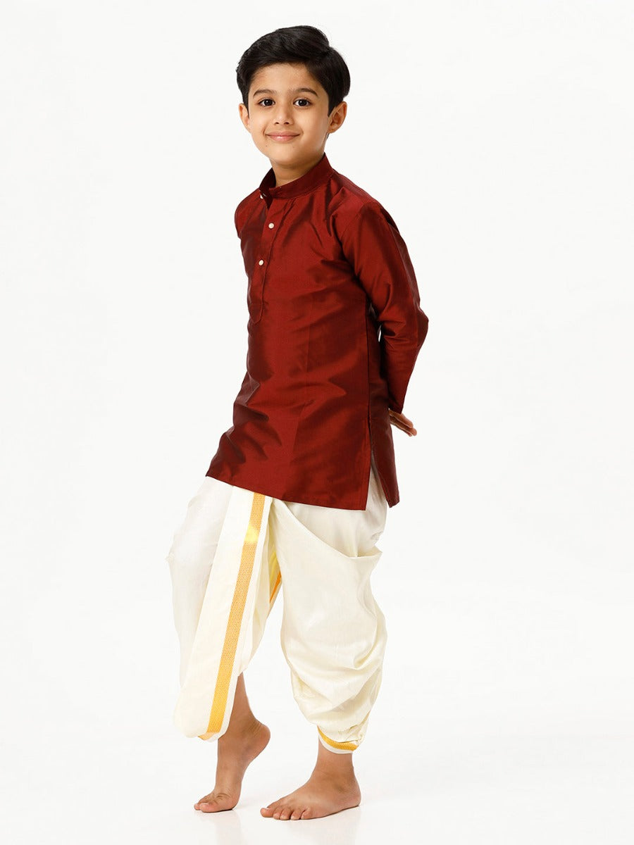 Boys Silk Cotton Full Sleeves Maroon Kurta with Panchakacham Combo-Side view