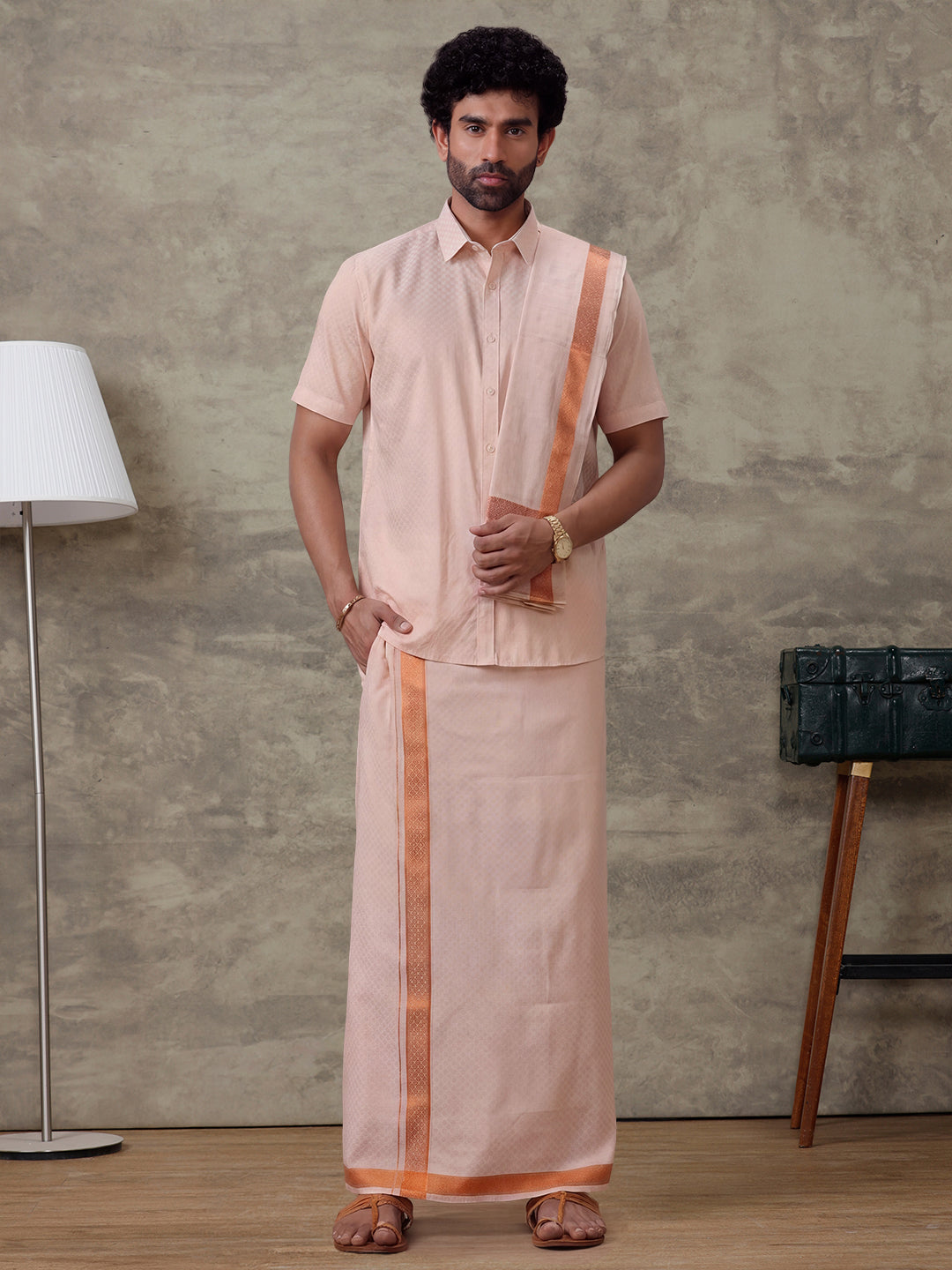 Tissue Copper Jacquard Shirt, Dhoti & Towel Set CD11