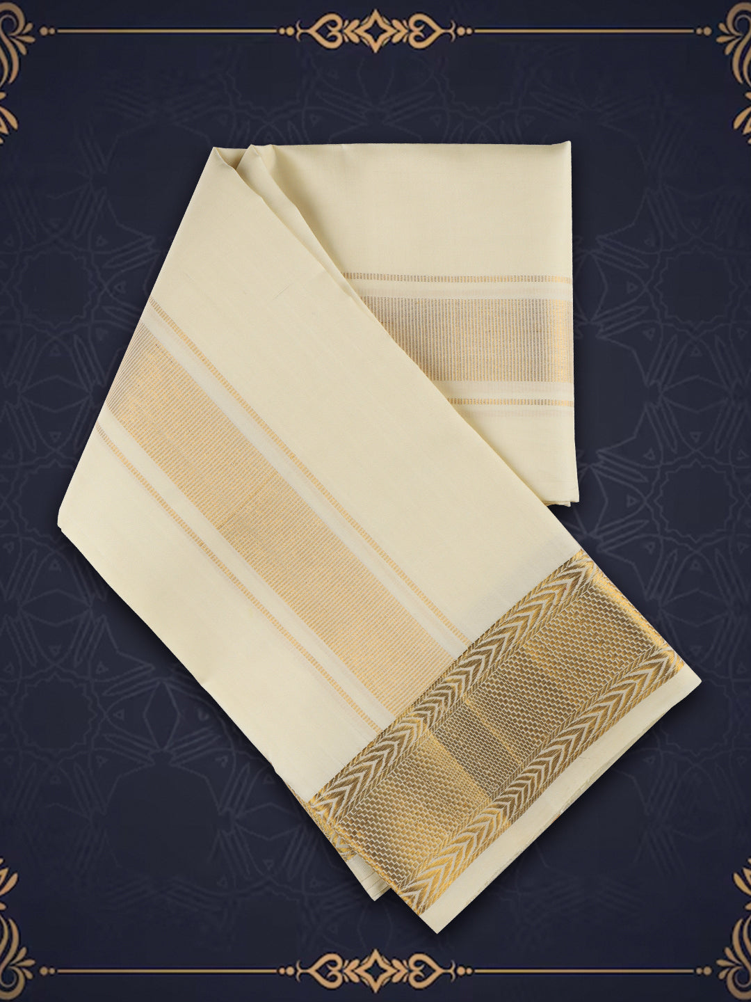 Men Pure Silk Cream Dhoti with 3 1/2 " inch Gold Jari Border Klasam