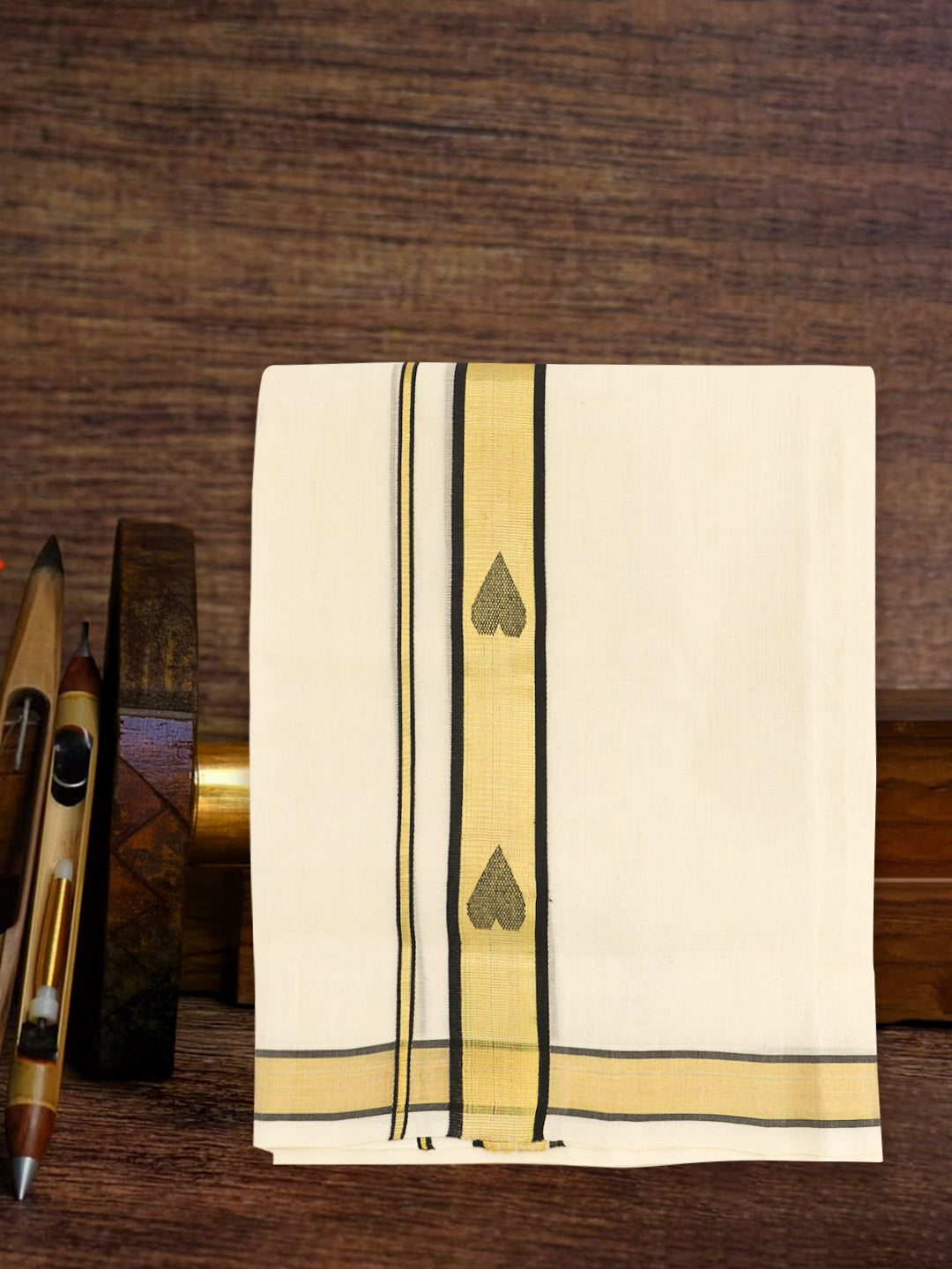 Men Premium Handloom Cream Dhoti with Fancy Jari Border HLM90