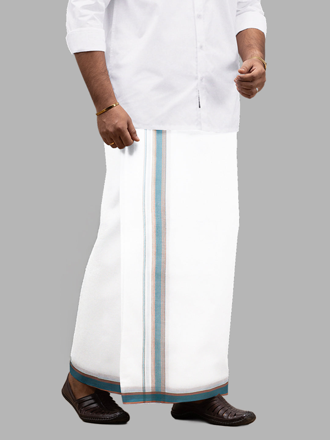 Men Green Fancy Border Double Layer White Dhoti RVS03