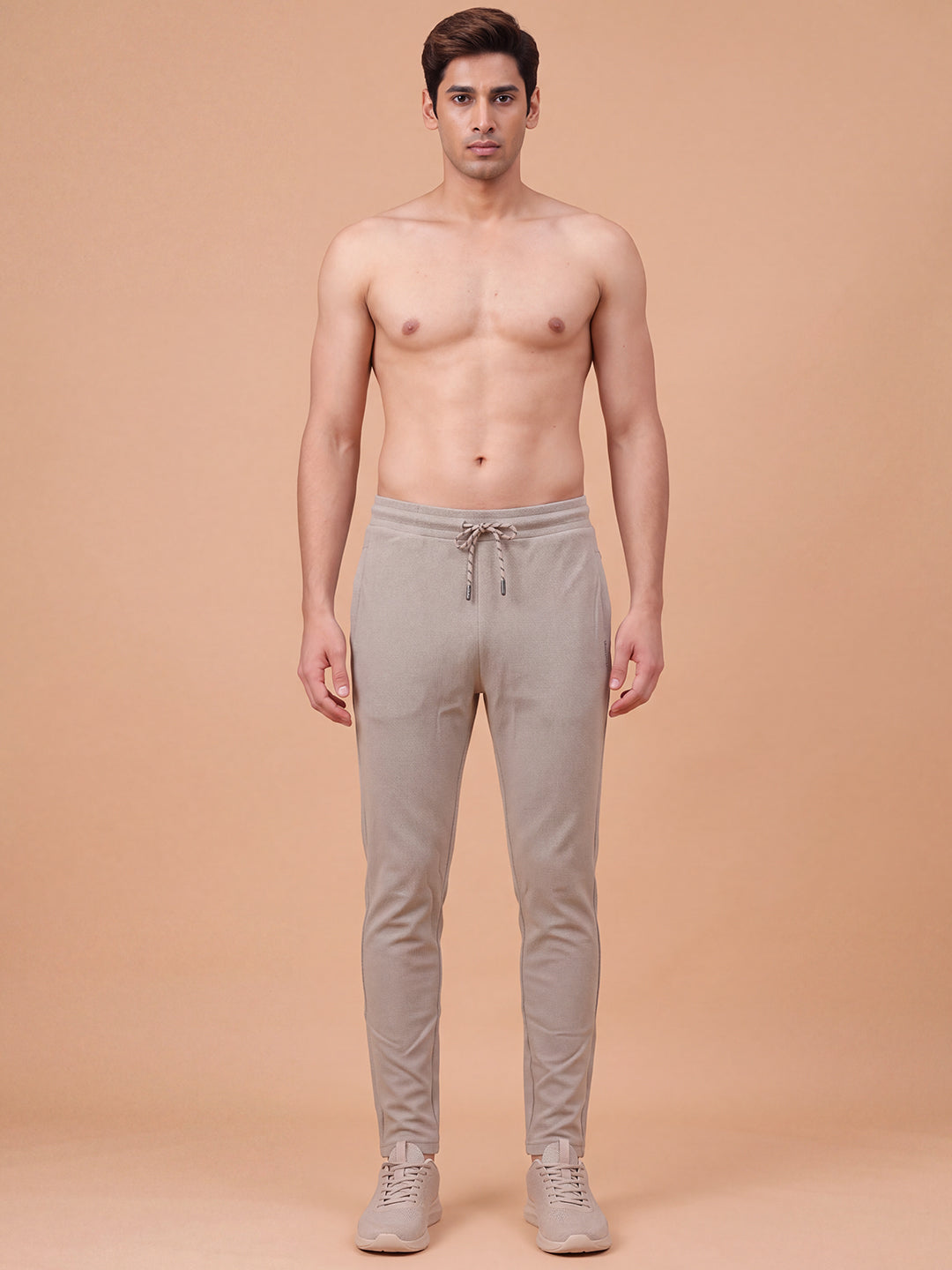 Cotton Rich Popcorn Structured Fabric Beige Track Pants PTK2