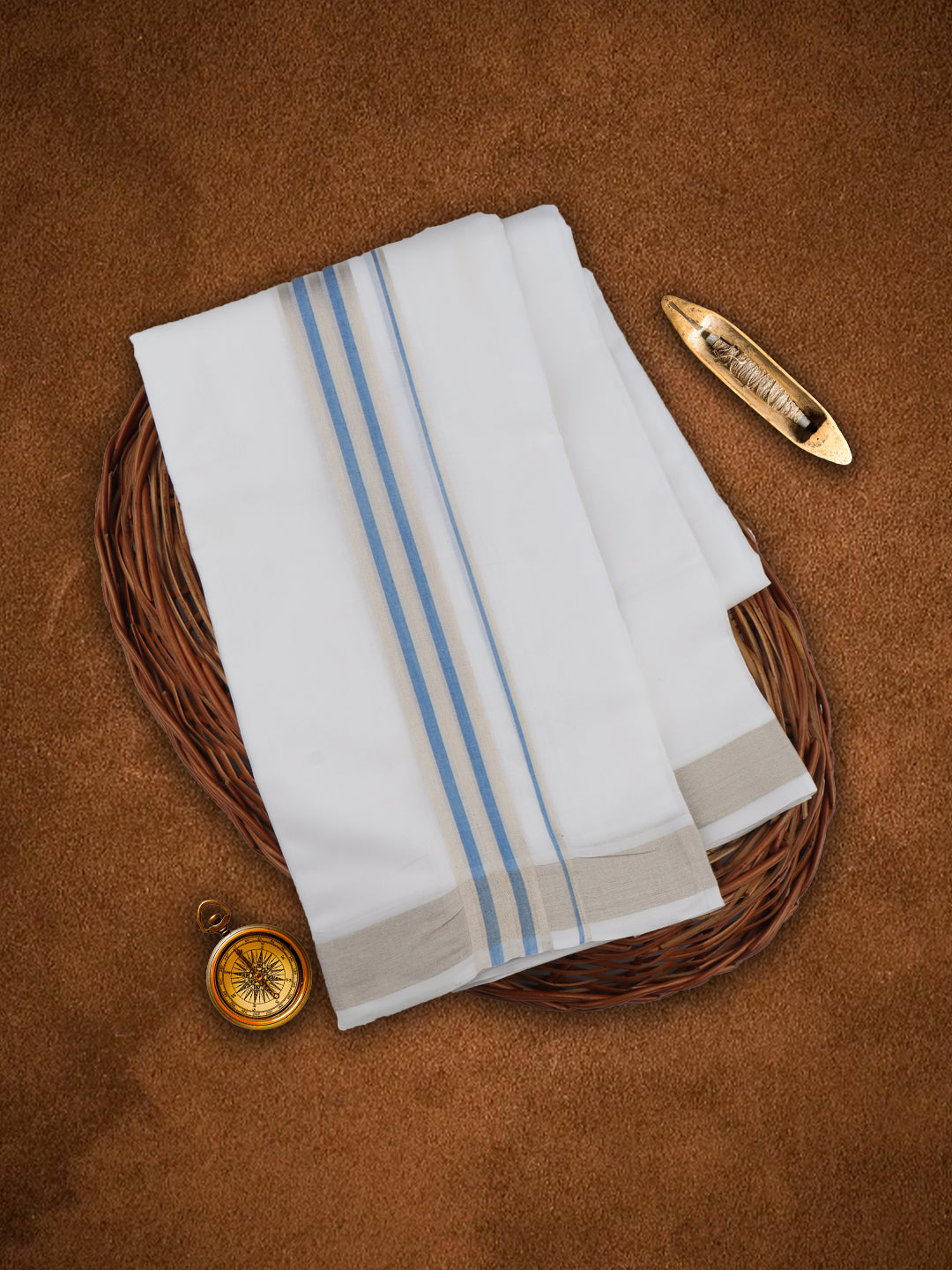 Mens Premium Handloom Dhoti Blue with Silver Jari Border HLM02