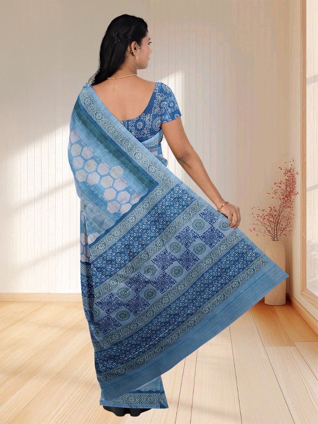 Women Blue Semi Tussar Printed Saree ST257