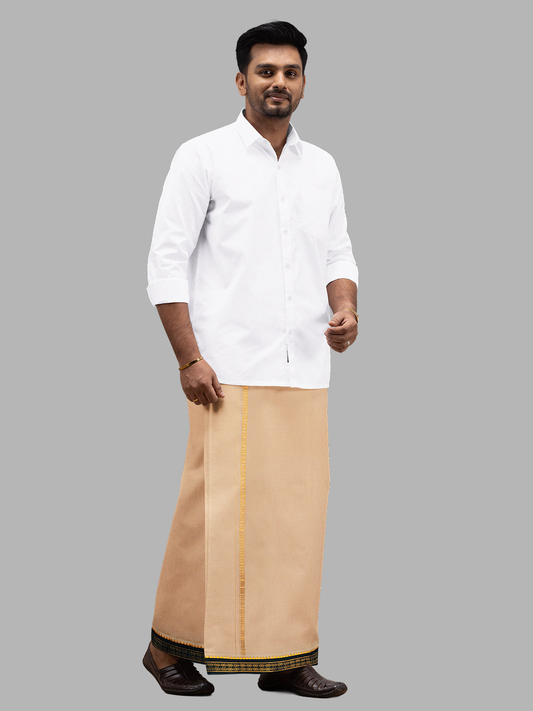 Men Mayilkhan Border Double Layer Devotional Dhoti Light Kaavi