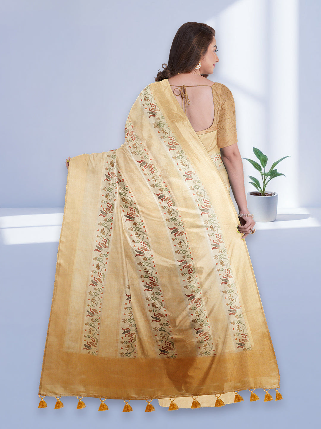 Women Golden Semi Tussar Printed Saree ST300