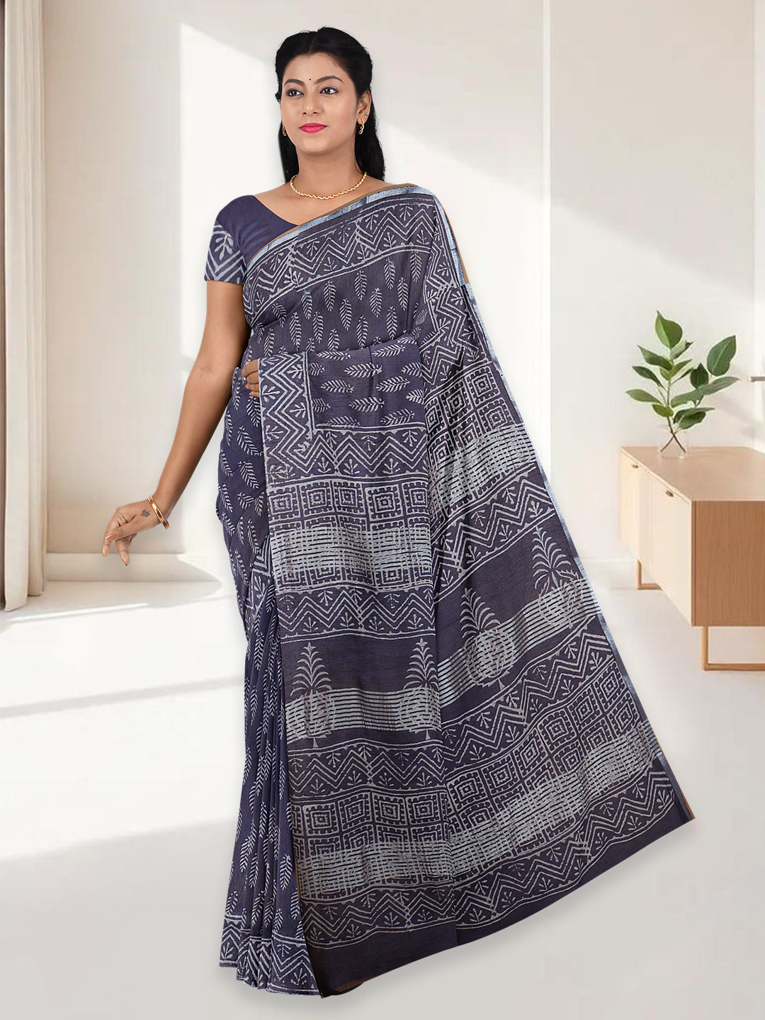 Women Navy Semi Tussar Printed Saree ST305