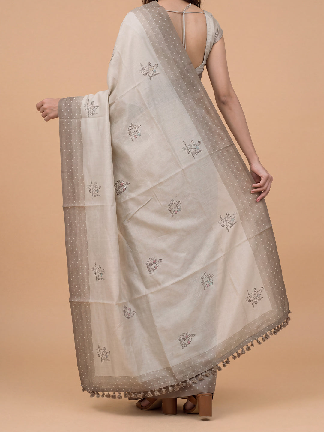 Women Semi Linen Brown Embroidered Saree SL267
