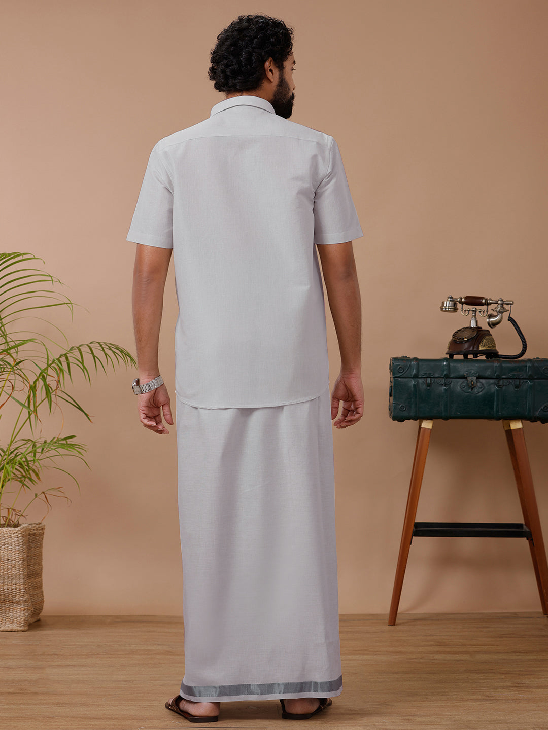 Men Tissue Dhoti & Half Sleeves Shirt Set Licorice