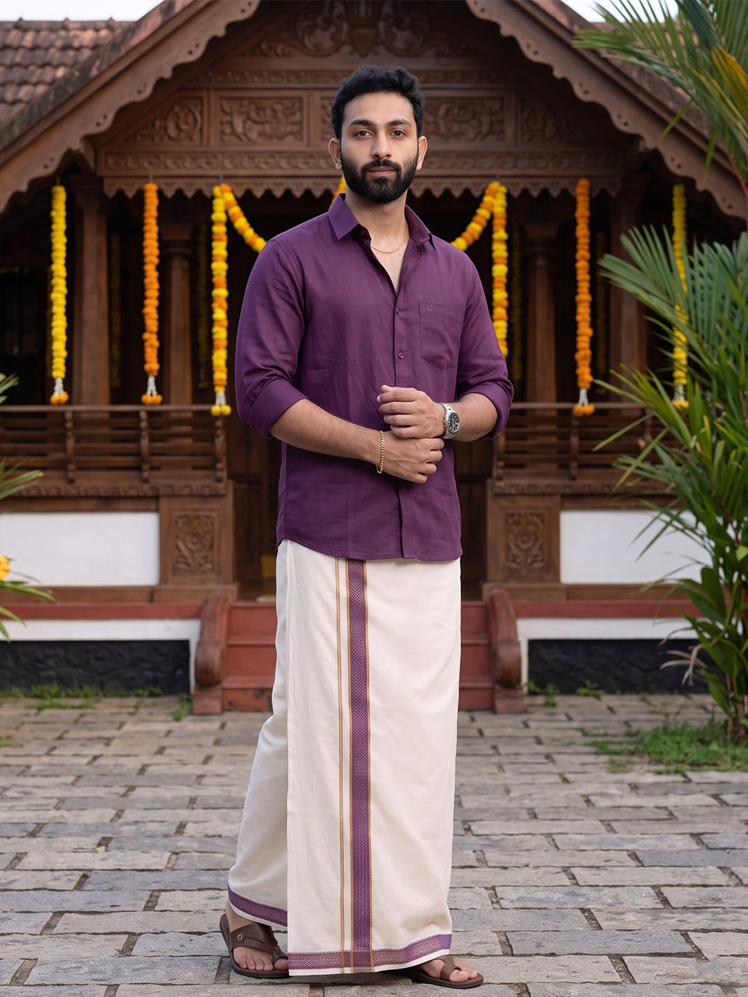 Double Layer 100% Cotton Cream Kora Dhoti with Colour Jari Border - CF01