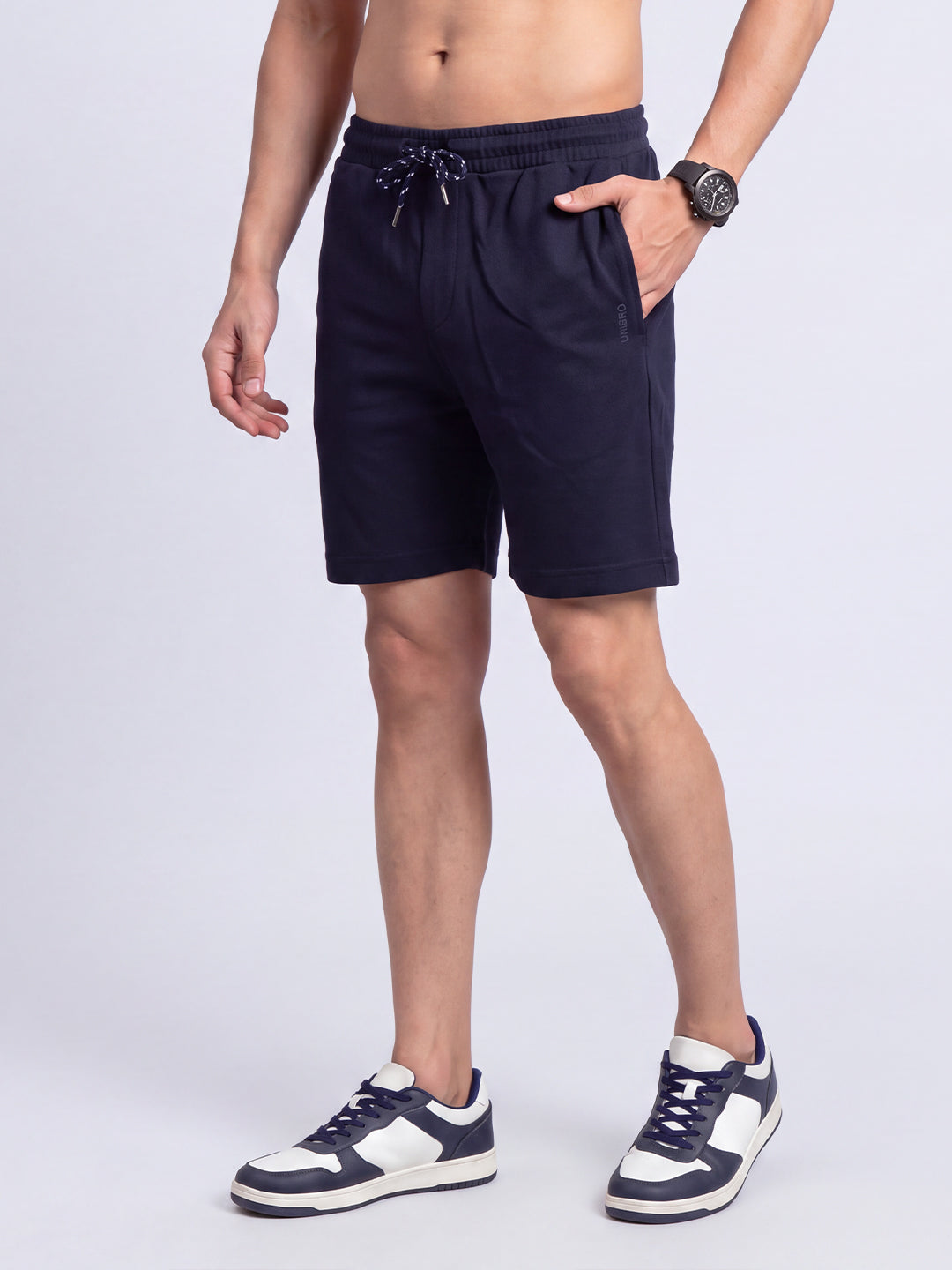 Cotton Rich Popcorn Structured Fabric Navy Shorts PS1
