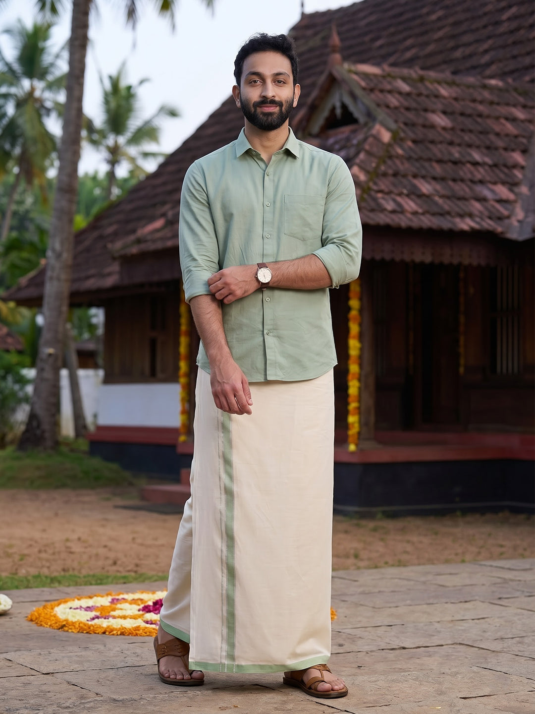 Double Layer 100% Cotton Cream Kora Dhoti with Colour Border - KJ01