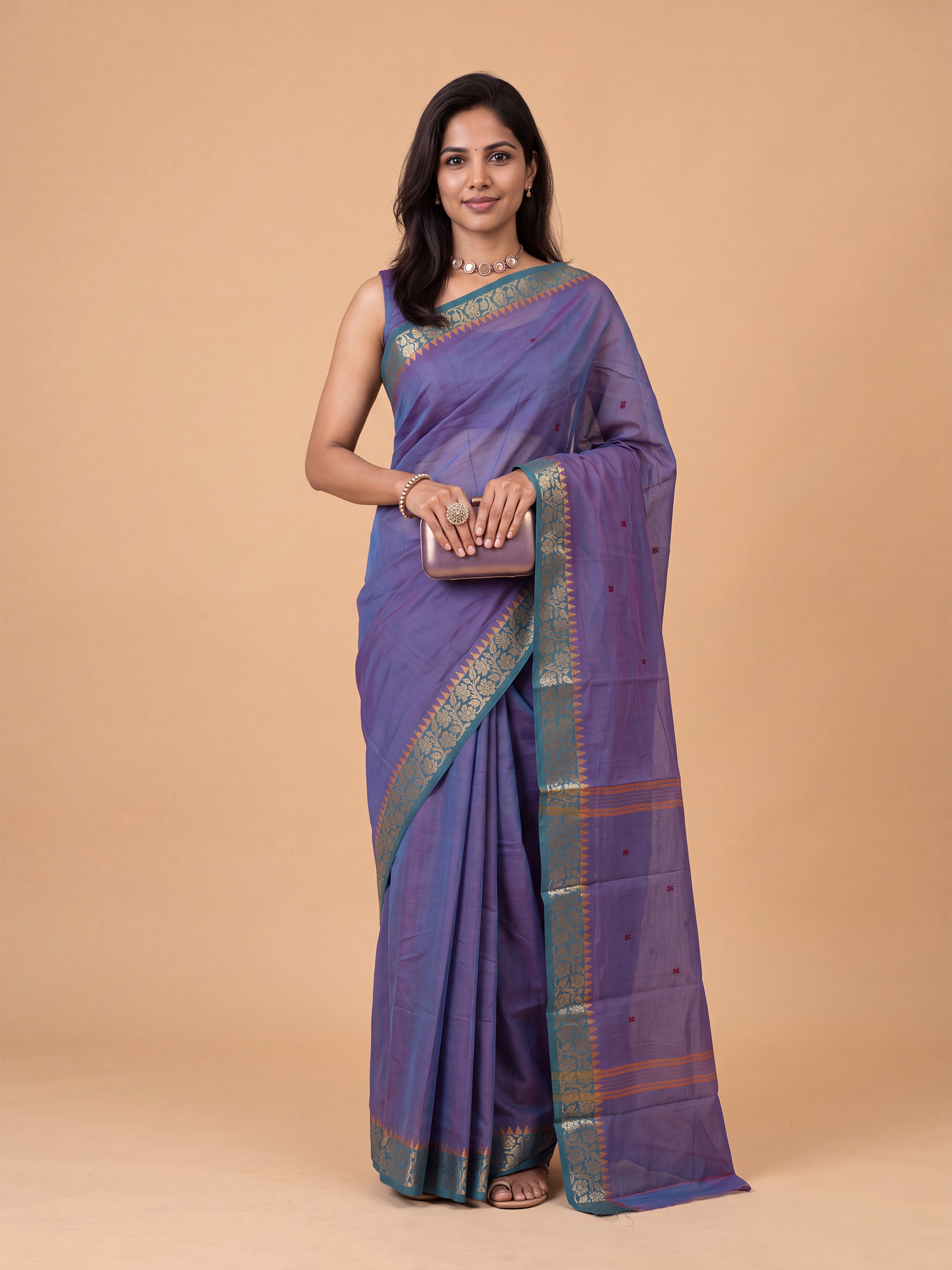 Women Chettinad Cotton Checks Violet Saree CCS05